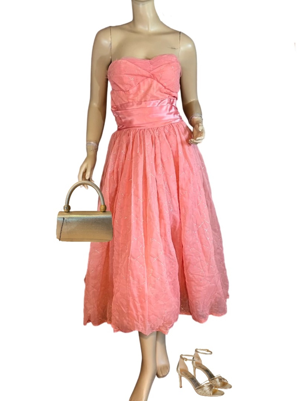 VINTAGE 1950'S CORAL PINK TULLE & GOLD QUILTING PARTY DRESS (S)